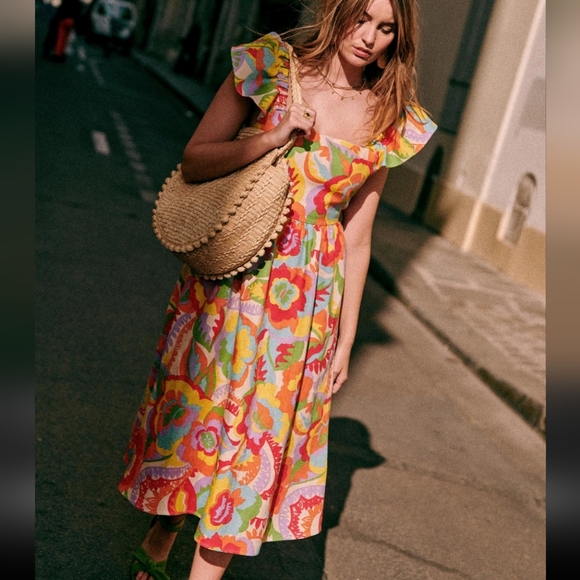 Sezane Melville Heavy Linen Midi Dress w/ Cute Bow Tie Back - Picture 6 of 14